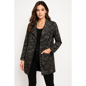 Belle Kim Gravel Jacket‎ Womens 1X Green Open Draped Camo Wool Topper Coat